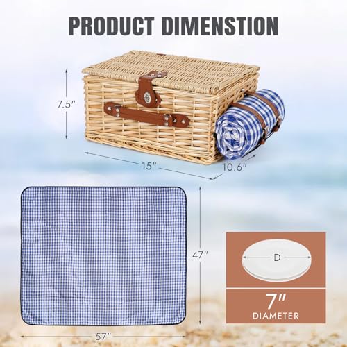 HappyPicnic Picnic Basket Set for 2 - Wicker Picnic Basket with Waterproof Blanket & Insulated Liner, Large Handmade Willow Hamper with Cutlery Kit for Outdoor, Picnic, Camping, Party, Holidays (Blue) - color: Blue