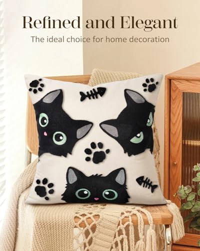 Embroidered Throw Pillow Cover 18x18 Inch - Spring Summer Boho Decorative Pillow Cover with Zipper for Living Room Couch Sofa Bed Aesthetic Design Three Cat Bone Cushion Pillowcase - color: Cat Bone, size: 18" x 18" (Pack of 1)