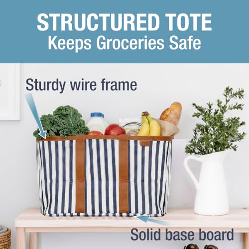 CleverMade Collapsible LUXE Tote, 30L Foldable Grocery Shopping Bag, Reusable - color: Navy Stripe