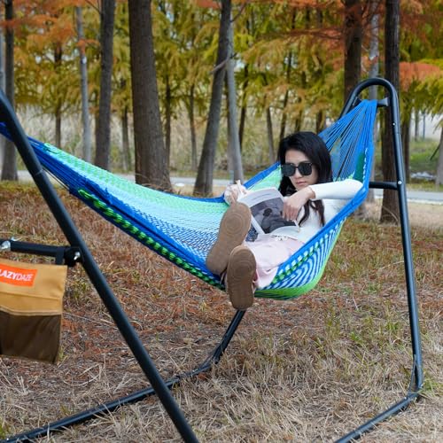 Lazy Daze Hammocks Handwoven Mayan Hammock with Heavy Duty Steel Stand, 10.5 FT Soft Rope Double Hammock for Patio Outside, 550 lbs Weight Capacity, Blue/Green - color: Blue/Green