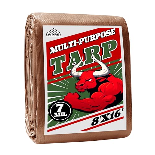 Tarp 8x16 ft 100% Waterproof 7mil Durable Grommets and Reinforced Edges,Uv Resistant,Green/Brown Tarp,Emergency Rain Shelter,Outdoor Cover and Camping Use -by MVPNET - size: 8x16