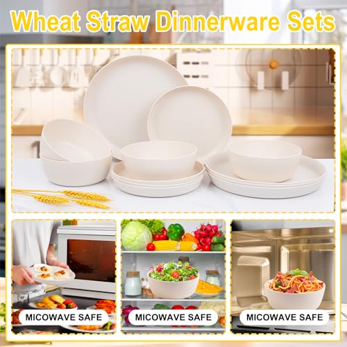 EI 12pcs Wheat Straw Dinnerware Set of 4,Reusable Plastic Plates,Unbreakable Dinner Plates,Deep Dinner Hard Premium Plastic Plate,Microwave Dishwasher Safe for Camping,Picninc,Family Dinner - color: Beige Wheat Straw Plates and Bowls
