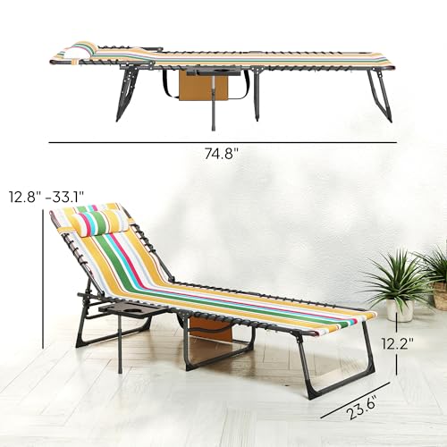 Outsunny Folding Chaise Lounge Chair Outdoor Tanning Chair with Side Table, 5-Level Adjustable Beach Lounge Chair with Headrest, Side Pocket for Patio, Backyard, Beach, Poolside, Mixed Color - color: Multi Color
