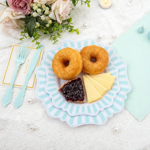 COLOSUS 150pcs Disposable Blue and White Striped Easter Plastic Party Plates and Silverware set, Light Blue Dinner/Dessert Plates silverware serve 30guests for Birthday, New Year and Daily use. - color: white+light blue