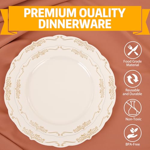 U-QE 100 PCS Ivory Plastic Plates with Gold Rim - Gold Plastic Plates for Party - Heavy Duty Plastic Plates Disposable Use Including 50 Dinner Plates 10 '' & 50 Dessert Plates 7.5 '' - color: Ivory Gold