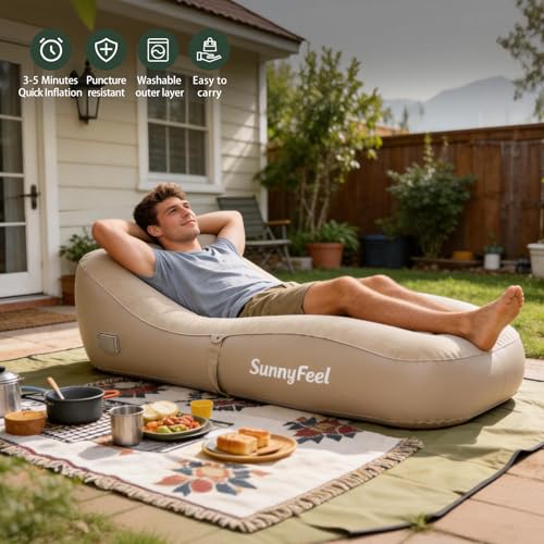 SUNNYFEEL Inflatable Lounge Chair with Built-in Pump, Heavy Duty PVC Flocked Inflatable Sofa for Adults, Portable Air Lounger for Camping, Beach, Home & Outdoor,Beige - color: Beige