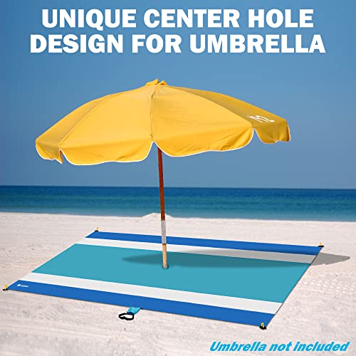 Blue Beach Blanket with Umbrella Hole 7ftx5ft- Water Resistant, Sandproof, Lightweight, Rip-Stop Nylon with Umbrella Hole & Sand Pockets, Camping Essentials, Beach Canopy Compatible - color: Blue, size: 7x5