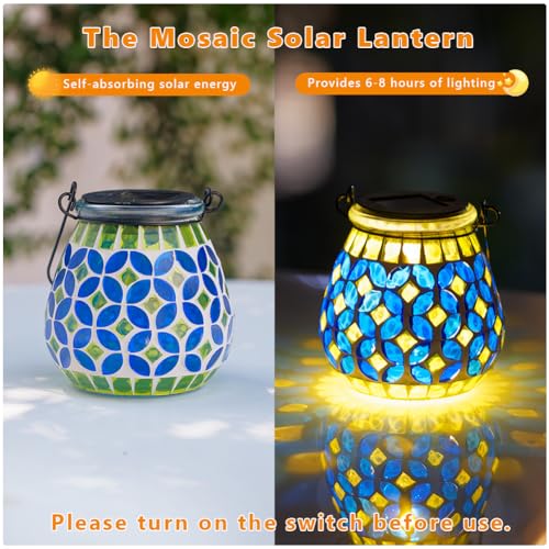 Starsoul 2 Pack Solar Lanterns Outdoor Waterproof, Gorgeous Mosaic Solar Lantern Outdoor Garden Decor, Solar Hanging Lights for Outside Patio Yard - color: Blue-2PC
