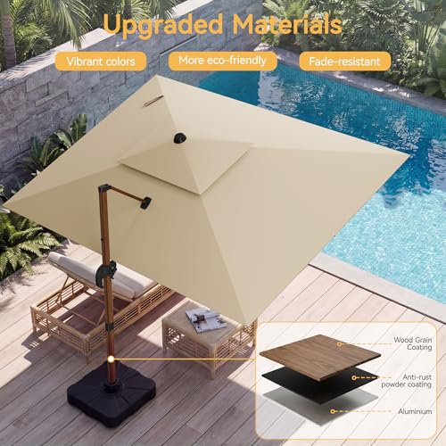 10x13 FT Wood Pattern Patio Umbrella, Large Deluxe Cantilever Rectangular Double Top Heavy Duty Offset Umbrellas with 360° Rotation, Outdoor shade for Garden Deck Pool Patio, Beige - color: Beige, size: 10x13 FT Wood