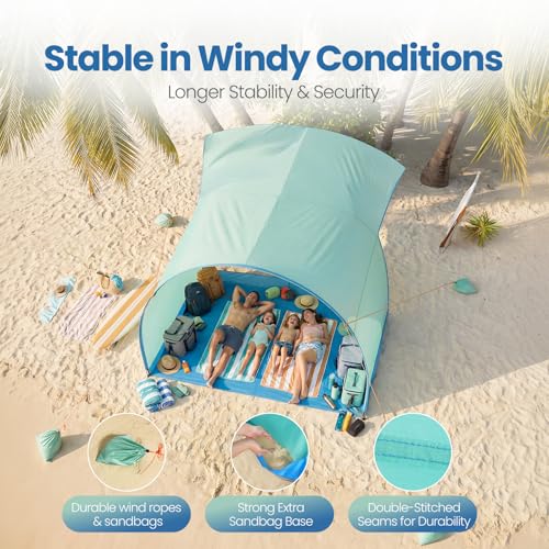Beach Shelter, Wind-Powered Beach Tent Sun Shelter with UPF50+ UV Protection, Lightweight & Portable Easy Setup Beach Canopy Sun Shade Tent for Family Outdoor Beach Camping & Picnic - color: Fresh Green