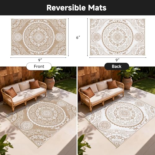 Pauwer Waterproof Outdoor Rug 6x9, Reversible Plastic Straw Patio Camping Rug, Indoor Outdoor RV Mat Carpet for Deck, Camper, Porch, Balcony, Backyard, Picnic, Paisley Brown - color: Paisley Brown, size: 6' x 9' (Rectangular)