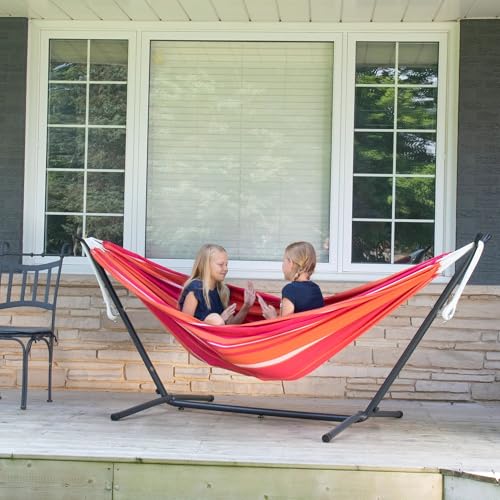 Vivere Double Cotton Hammock with Space Saving Steel Stand, Upgraded Polyester End Strings 450 lb Capacity - Premium Carry Bag Included - USA Grown Cotton (Mimosa) - color: Mimosa
