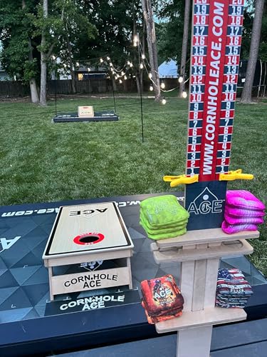 CornholeAce Elite Cornhole Scoreboard 3ft or 5.5ft Tall Hardware Free Stand with UV Printed Score Panel 0 to 21 Phone Tablet Scorekeeping Area Livestream Shelf 2 Drink Holders - size: 5.5 FT
