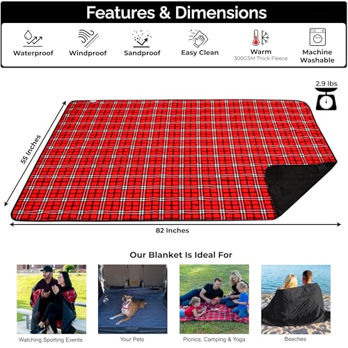 BRAWNTIDE Large Outdoor Waterproof Blanket - Extra Thick Fleece, Warm, Windproof, Sandproof, Quilted, 82" x 55", Ideal for Beaches, Picnics, Camping, Stadiums, Dogs, Car - color: Plaid Red