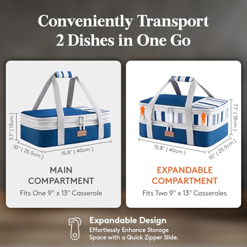 Lifewit Insulated Double Decker Casserole Carrier, Expandable Lasagna Lugger Tote Bag for Hot or Cold Food, Fits 9" x 13" Baking Dish for Potluck Parties, Picnic and Cookouts, Blue - color: Blue