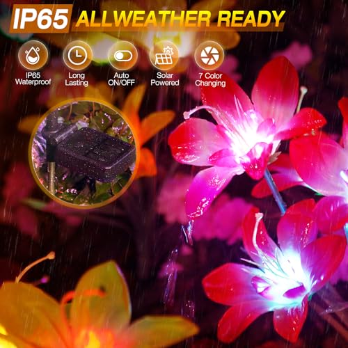Aukora Solar Garden Lights Outdoor 10 Pack, 5 Colors Lily Flowers & 7-Color Changing Led Lights for Outside, Solar Outdoor Light Waterproof for Pathway Patio Yard Decor, Red Yellow Blue White Purple - size: 10 pack