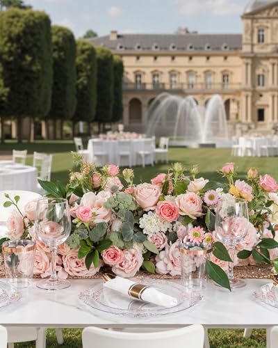 Nervure 350PCS Rose Gold Plastic Plates - Rose Gold Plastic Dinnerware Sets for 50 Guests - 100 Disposable Plates, 150 Silverware, 50 Cups, 50 Napkins Perfect for Wedding & Party & Mothers Day - color: White and Rose Gold