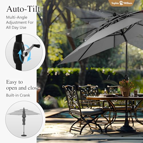 Sophia & William 10ft 3 Tier Auto-tilt Patio Umbrella,Wind Resistent,Outdoor Patio Umbrellas Double Vented Umbrella with Crank for Pool Garden Backyard, Grey - color: Grey