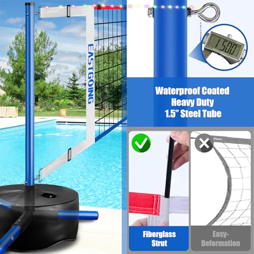 Eastgoing Pool Volleyball Net Set with Light,Adjustable Length 15-25FT，Swimming Pool Volleyball Net System with 2 Water Volleyballs and Heavy Duty Base.