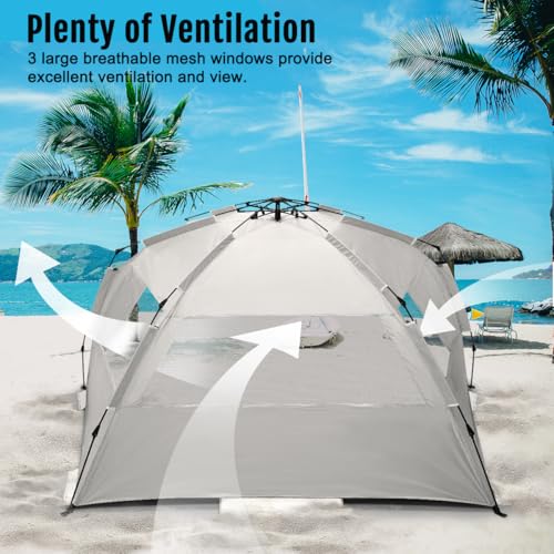 WhiteFang Deluxe Pop Up Beach Tent Sun Shade Shelter for 3-4/5-6 Person, UV Protection, Extendable Floor with 3 Ventilating Windows Plus Carrying Bag, Stakes, and Guy Lines - color: Baby's Breath, size: X-Large