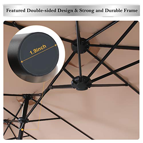 PHI VILLA 15FT Patio Umbrella with Base, Large Double-Sided Outdoor Market Umbrella with Crank Lift, UV-Resistant Canopy for Poolside, Garden, Deck, Backyard, Khaki - color: Khaki
