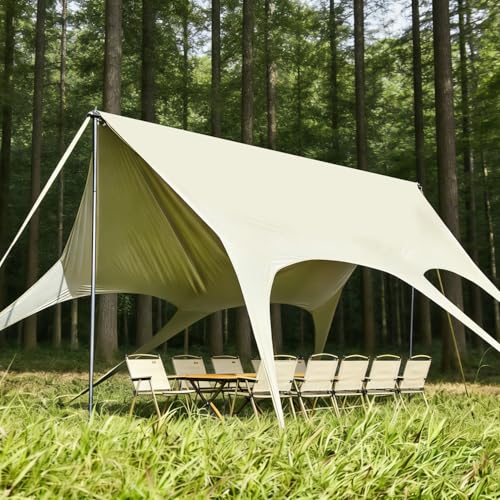 Camping Tarp with Poles, No Rope Tying 2-Step Setup, 11x18FT Waterproof 10-12 Person Tarp Shelter, 22ft² 2.6m Height 210D Oxford Family SUV Park Beach Outdoor Sun Shelter, Beige - color: Beige