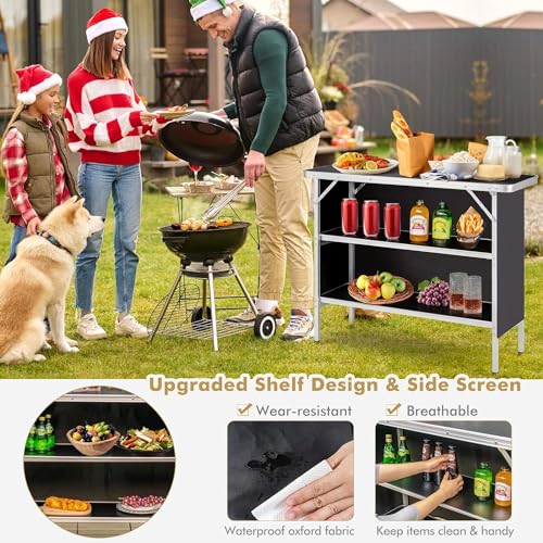 Goplus Folding Camping Table, Portable Pop-Up Bar Table with 2-Tier Storage Shelves, Removable Cloth Cover, Aluminum Foldable Camp Table for Picnic, Tailgate, Party, Travel, Outdoor - color: Black