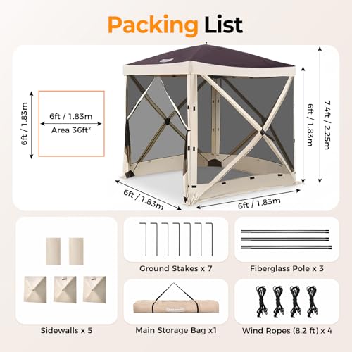 Tecoom 4-Sided Pop Up Gazebo Tent, Instant Screen House with Mosquito Netting Canopy for Camping, Waterproof & Removable Siedwalls, 6x6ft Portable Sun Shelterl for Outdoor, Garden, Backyard - size: 6.1x6.1ft