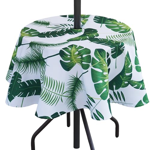 Poise3EHome Outdoor Tablecloth Round with Umbrella Hole Waterproof Tropical Green Tablecloth for Spring Picnic Party Patio Table Camping, Palm Leaf (52" Zipper) - color: Palm Leaf, size: 52" (Round)
