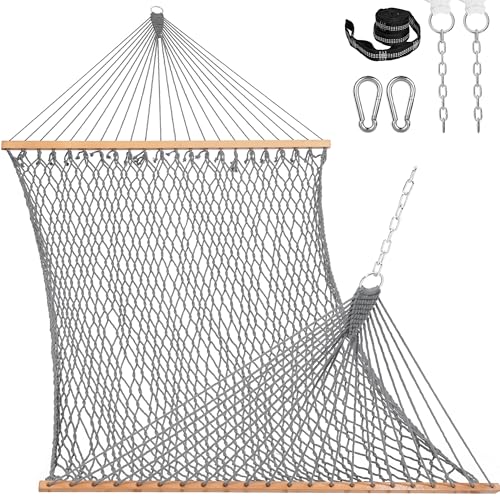 Lazy Daze Hammocks 12FT Double Rope Hammocks, 2 Person Hand Woven Cotton Hammock with Spreader Bar, Carabiner, Tree Strap, Chain for Outside, FIT 13-15 FT Stand, Max 450 Lbs, Light Grey - color: Light Grey