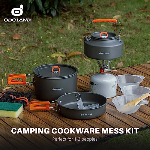 Odoland 10pcs Camping Cookware Camping Pots and Pans Set with Kettle Plastic Bowls and Soup Spoon for Camping, Backpacking, Outdoor Cooking and Picnic - size: 2.9L Pot + 0.9L Fry Pan + 1.6L Kettle