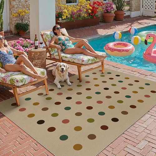 HUGEAR 5x8 Jute Outdoor Indoor Rug Washable Geometric Linen Textured Weave High Traffic Stain Resistant Non Slip Durable Carpet for Livingroom Patio Deck Balcony Courtyard (Rainbow, 5' x 8') - color: Rainbow Polka Dots, size: 5'x8' (Rectangular)