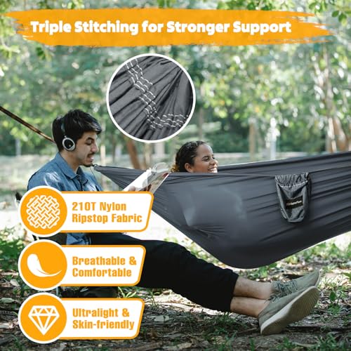 NATUREFUN Ultra-Light Travel Camping Hammock | 300kg Load Capacity,Breathable,Quick-Drying | 2 x Premium Carabiners,2 x Nylon Slings Included | Outdoor Indoor Garden - color: Grey, size: 300x200cm