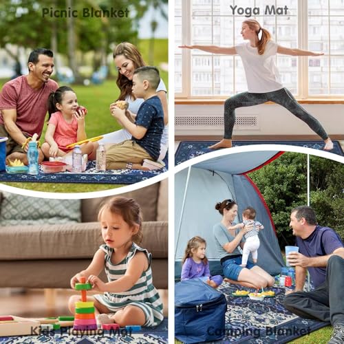 Supfitness Extra Large Picnic Blankets Waterproof Foldable (60"x 80") Beach Blanket Waterproof Sandproof,3-Layer Thicking Mat Outdoor Packable Camping Blanket - color: Boho-dark Blue, size: 60x80in