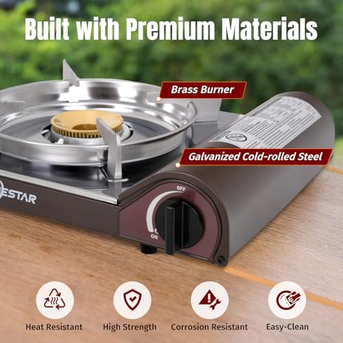 SHINESTAR 14000 BTU Butane Camping Stove, Portable Butane Stove with Brass Burner, One-Touch Piezo Ignition, Magnetic Safety Lock & Double Wind-Guard, Portable Gas Stove for Camping, RV, Emergencies - color: Brown - 14000 BTU Butane with Windscreen