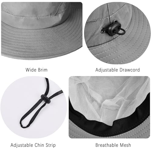 ZOORON Sun Hats for Men Women, Wide Brim Safari Hats UV Protection UPF50+ Waterproof Boonie Hats for Fishing Hiking Camping - color: 1pack-gray