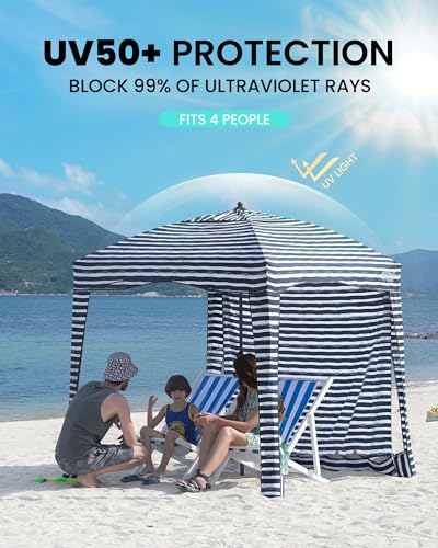 Qipi Beach Cabanas for Sand, Beach Canopy with Sandbags & Side Wall for Family, Easy Set Up Sun Shelter, UPF 50+ UV Protection with Roof Vent - color: 6' x 6' A-Sailor Stripes