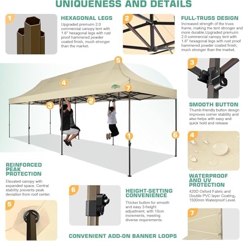 COBIZI 10x30 Pop Up Canopy Heavy Duty with 8 Removable Sidewalls, Commercial Portable Tents for Parties Ez Up Canopy All-Weather Windproof & Waterproof UPF 80+ Wedding Tent Sun Shelter - color: Khaki, size: 10x30FT