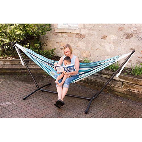 Vivere Double Sunbrella Hammock with Space-Saving Steel Stand, Heavy-Duty Portable Outdoor Hammock Set for Backyard, Patio, or Travel, Token Surfside - color: Token Surfside