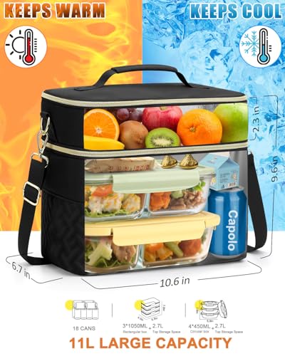 Capolo Lunch Box for Women Men Adults,Double Deck Insulated Lunch Bag Leakproof Lunch Cooler Box with Removable Strap Lunch Tote Bags Reusable Thermal Lunchbox for School Work Picnic(Large,Black) - color: Black, size: Large