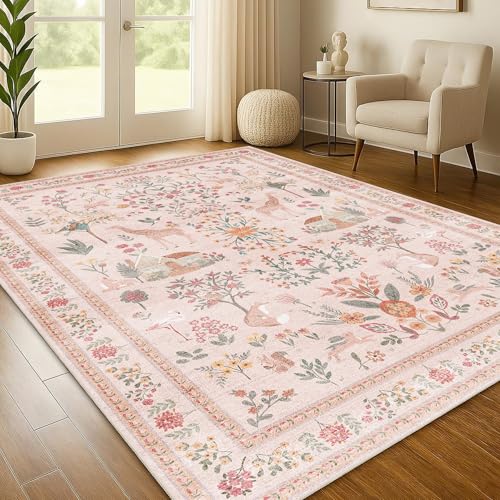 Pink Rug 5x7, Washable Boho Floral Botanical Animal Area Rug with Non Slip Backing Design,Indoor Soft Low Pile Carpet for Bedroom, Living Room, Dining Room, Farmhouse, Playroom - color: B#beige (Animal), size: 5' x 7' (Rectangular)