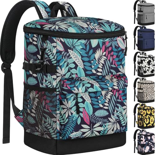 Tenot Cooler Backpack 33/40 Cans Backpack Coolers Insulated Leak Proof Soft Beach Cooler Bag for Men Women Ice Chest Backpack Camping Hiking Picnic Travel Cooler Lunch Backpack - color: Blue Leaves, size: 33 Cans