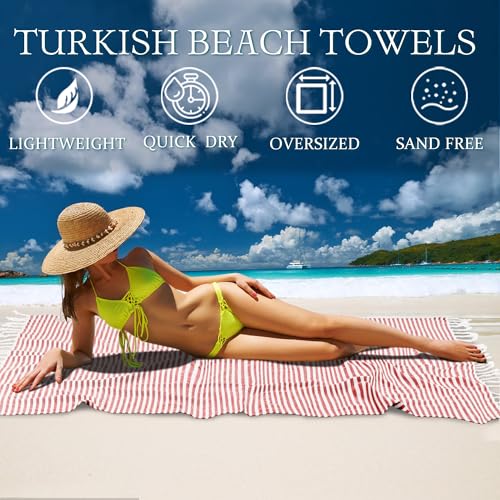 Turkish Striped Beach Towels Bulk Oversized 39"x71" Large Bath and Pool Set Quick Dry Lightweight Travel Towel for Adult,100% Cotton TEBT-18-1red - color: Red, size: 1 Pack