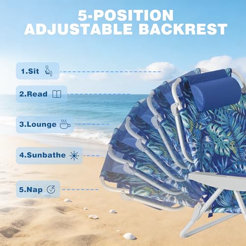 SUNNYFEEL Extra Wide Low Beach Chair 5 Position Lay Flat 500 LBS Heavy Duty, XL Oversized Portable Folding Camping Chairs with Cup Holder for Outdoor/Trip, Lightweight Backpack Beach Chair for Adults - color: Rainforest, size: 1-PACK