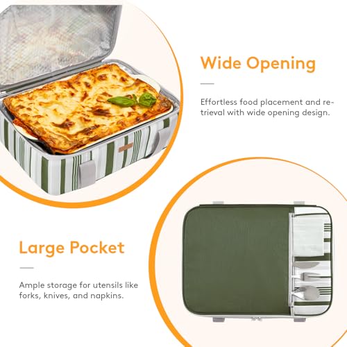LUNCIA Insulated Single Decker Casserole Carrier, Lasagna Lugger Tote Keeps Food Hot or Cold, Thermal Lunch Bag for Potluck Parties, Picnic and Cookouts, Fits 9" x 13" Baking Dish, Dark Green - color: Dark Green, size: 15.7 x 11.4 x 4.7inch