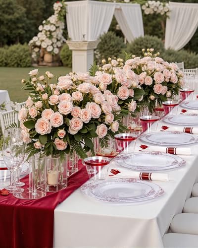 Nervure 350PCS Red Plastic Plates - White Red Plastic Dinnerware Set for 50 Guests - 100 Red Disposable Plates, 50 Pre Rolled Cutlery Set, 50 Cups Perfect for Wedding & Party & Mothers Day - color: White and Red