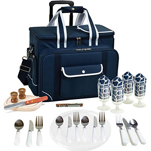 Picnic at Ascot- Original Insulated Picnic Cooler on Wheels with Service for 4- Designed & Assembled in The USA - color: Navy/Trellis Blue