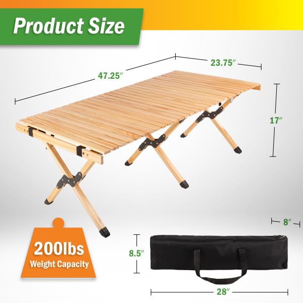 Foldable Camping Table - 4ft Roll-Up Portable Picnic Table with Carry Bag - Indoor/Outdoor Low Height Travel, Party, or Beach Table by Wakeman Outdoors (Natural Wood) - size: Large