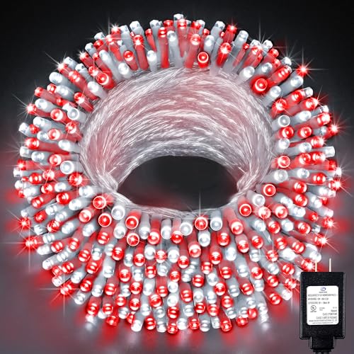 KNONEW 197FT 500 LED Christmas Lights Outdoor String Lights 8 Modes & Memory Fairy Light Plug in Waterproof LED String Lights for Xmas Yard Tree Wedding Party Holiday Decorations (Red and White) - color: White and Red, size: 197FT 500 LED