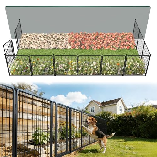 FXW Garden Fence Outdoor for the Yard – 32in(H) x 27.3ft(L) Heavy Duty Metal Animal Barrier for Dog, No Dig Decorative Dog Fence, 12 Panels, Black - color: Black, size: 32"H